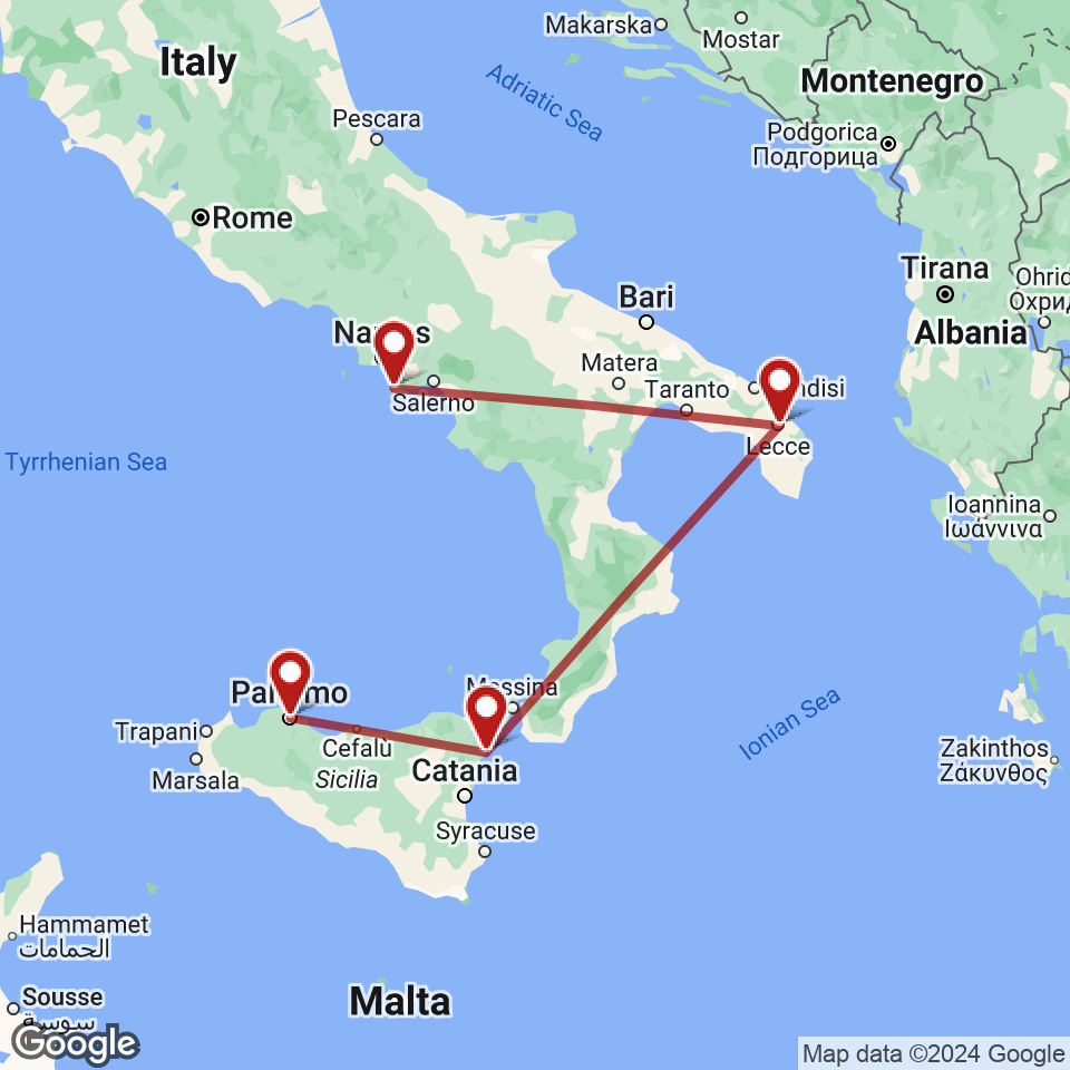 Route for Sorrento, Lecce, Taormina, Palermo tour